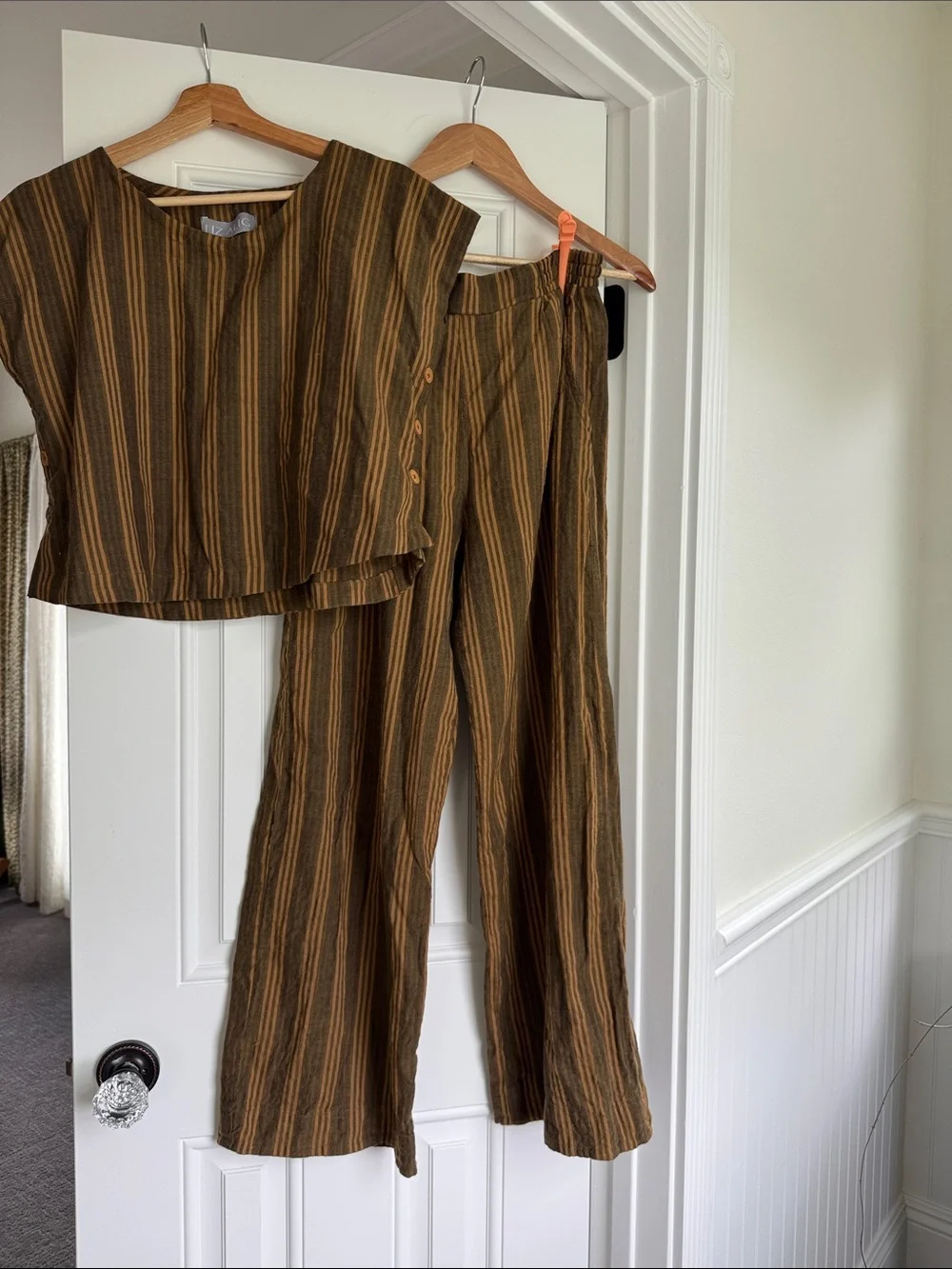 Liz Alig Striped Two-Piece Wide-Leg Set in Brown and Mustard - Picture 3 of 13